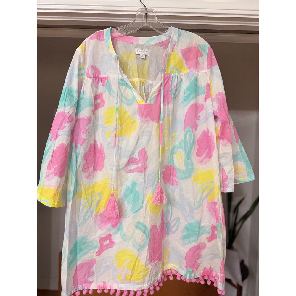 Mud Pie Women’s Tassel Tunic Dress Cover Up Large Pom Pom Hem Pastel Boho